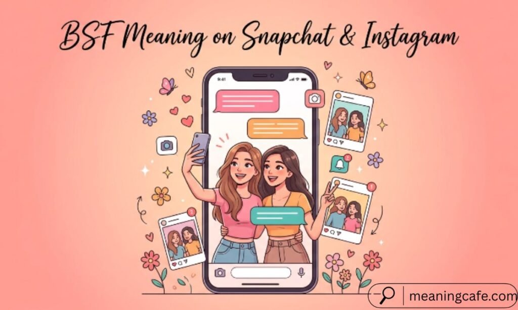Illustration showing BSF meaning on Snapchat and Instagram with friends chatting on a smartphone.