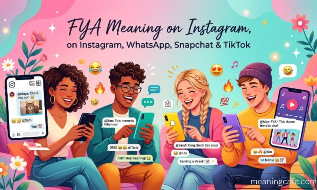 Illustration of FYA meaning across Instagram, WhatsApp, Snapchat, and TikTok.