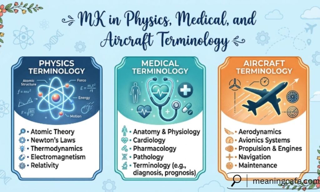 Different technical meanings of MK in physics, medicine, and aircraft terminology.