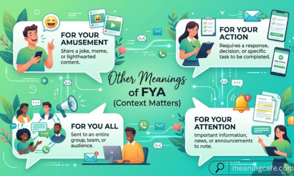 Illustration showing different meanings of FYA depending on context.