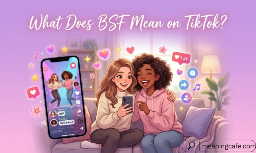 What Does BSF Mean on TikTok illustration showing friends using BSF in TikTok-style chats and social interactions.