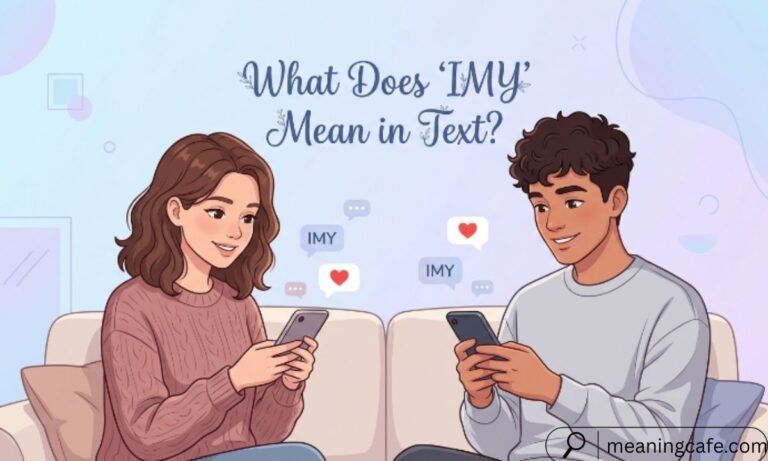Semi-realistic illustration explaining what IMY means in text messages.