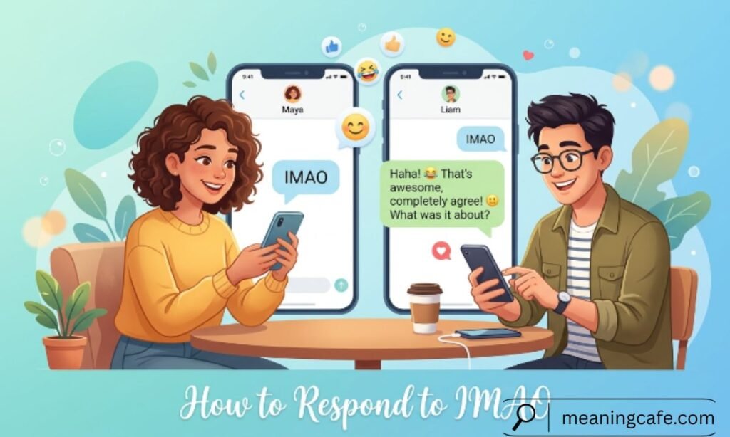 Illustration showing how to reply when someone uses IMAO in a text conversation.