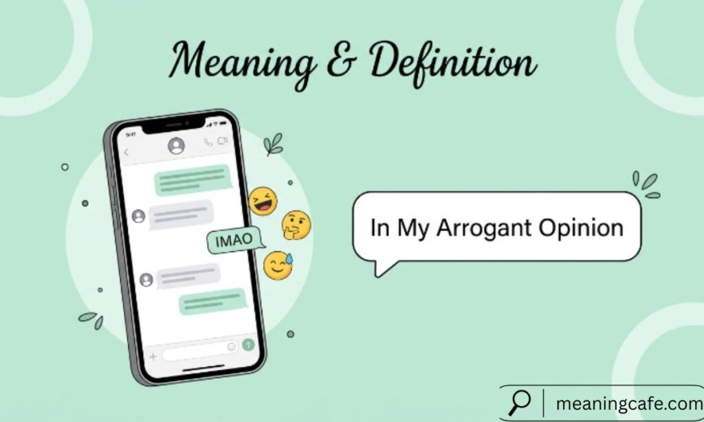 Illustration showing the meaning and definition of IMAO in text messaging.